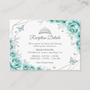 Quinceanera Turquoise Zilveren Bloemendetails Informatiekaartje