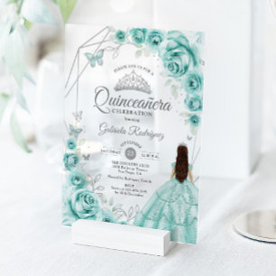 Quinceanera Turquoise Zilveren Bloemjurk Acryl Uitnodigingen