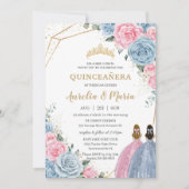 Quinceañera Twins Baby Blauw Roze Bloemen Rozen Kaart (Voorkant)