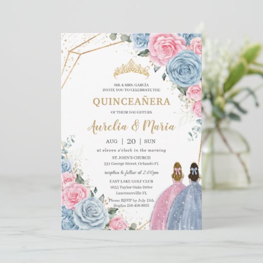 Quinceañera Twins Baby Blauw Roze Bloemen Rozen Kaart (Staand voorkant)