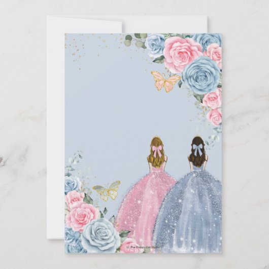 Quinceañera Twins Baby Blauw Roze Bloemen Rozen Kaart (Achterkant)