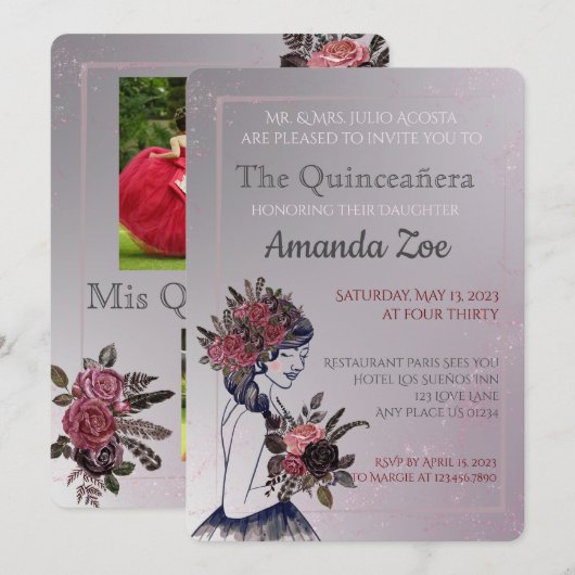 Quinceañera uitnodiging (Voorkant / Achterkant)