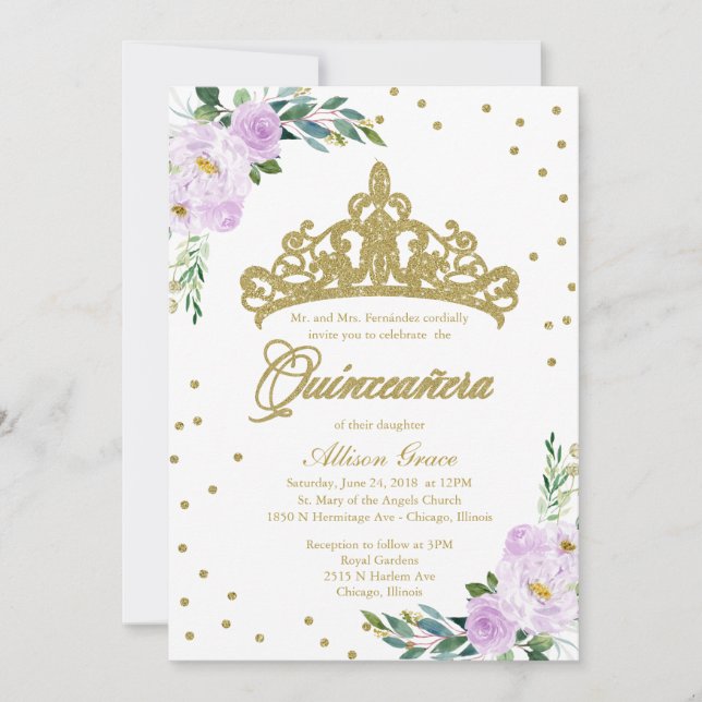 Quinceanera Uitnodiging Bilingual Tiara Lila (Voorkant)