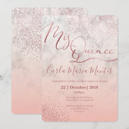 Quinceanera uitnodiging Faux roos gold, kweepel (Voorkant / Achterkant)