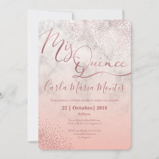 Quinceanera uitnodiging Faux roos gold, kweepel (Voorkant)