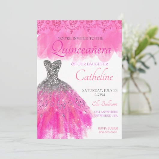 Quinceanera Uitnodiging fuscia15e verjaardag (Staand voorkant)