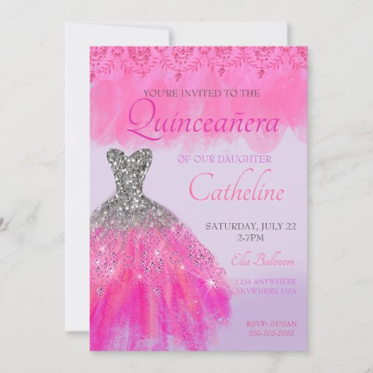 Quinceanera Uitnodiging fuscia15e verjaardag (Voorkant)