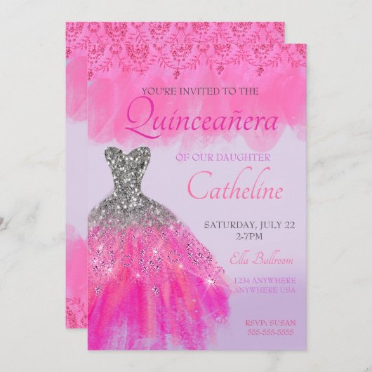 Quinceanera Uitnodiging fuscia15e verjaardag (Voorkant / Achterkant)