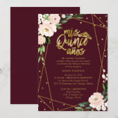 Quinceanera Uitnodiging Goud Bourgondië Blush Bloe (Voorkant / Achterkant)