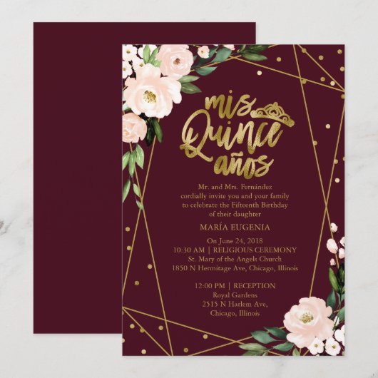 Quinceanera Uitnodiging Goud Bourgondië Blush Bloe (Voorkant / Achterkant)