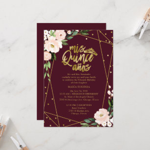 Quinceanera-uitnodiging Goud Bourgondië Blush Bloe Kaart