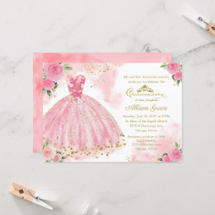 Quinceanera uitnodiging goud folie hete roze jurk