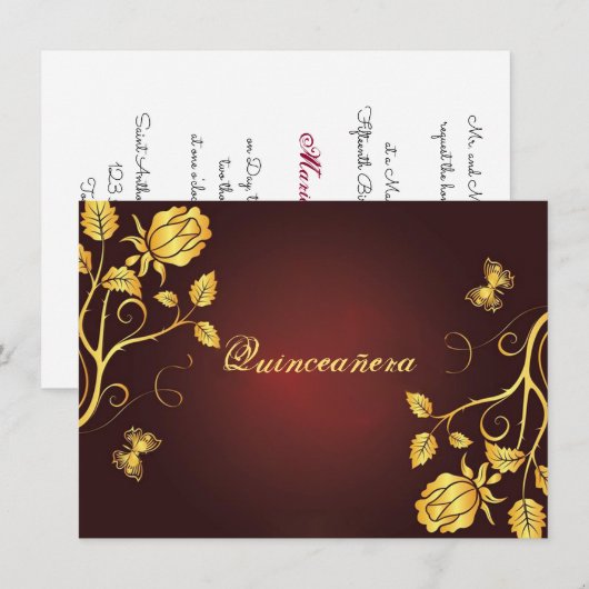 Quinceanera uitnodiging goud folie op bordeauxrood (Voorkant / Achterkant)