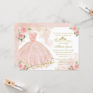 Quinceanera-uitnodiging Goud Folie Roze Blush Jurk Kaart
