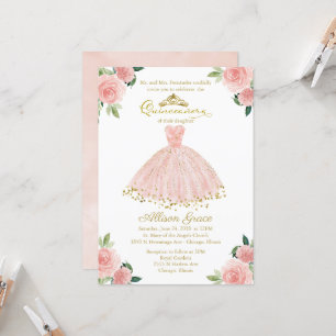 Quinceanera-uitnodiging Goud Folie Roze Blush Jurk Kaart