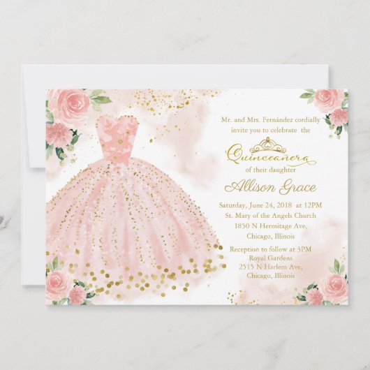 Quinceanera Uitnodiging Gouden Folie Roze Blush Go (Voorkant)