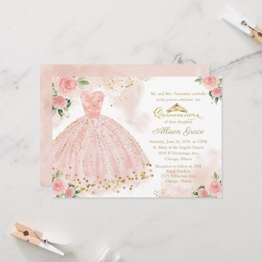 Quinceanera Uitnodiging Gouden Folie Roze Blush Go (Voorkant / Achterkant in situ)