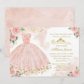 Quinceanera Uitnodiging Gouden Folie Roze Blush Go (Voorkant / Achterkant)