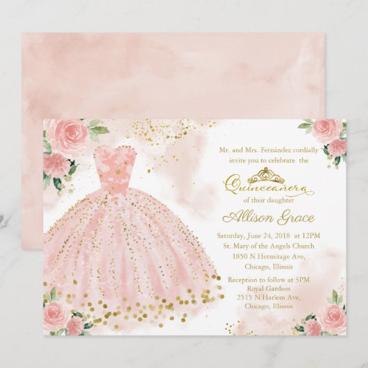 Quinceanera Uitnodiging Gouden Folie Roze Blush Go (Voorkant / Achterkant)