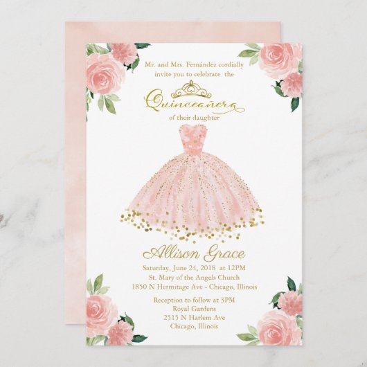 Quinceanera Uitnodiging Gouden Folie Roze Blush Go (Voorkant / Achterkant)