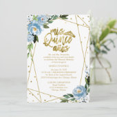 Quinceanera Uitnodiging Gouden Folie Stoffig Blauw (Staand voorkant)