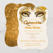 Quinceañera Uitnodiging Gouden Glitter (Voorkant / Achterkant)