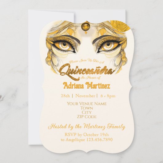 Quinceañera Uitnodiging Gouden Glitter (Voorkant)