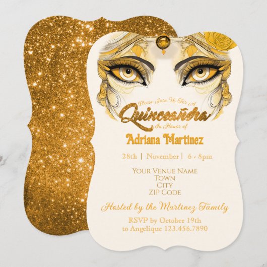 Quinceañera Uitnodiging Gouden Glitter (Voorkant / Achterkant)