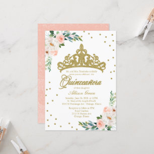 Quinceanera uitnodiging gouden tiara en roze bloem