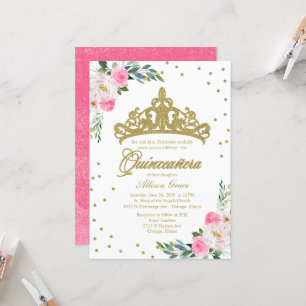 Quinceanera-uitnodiging Gouden Tiara Heet Roze Blo