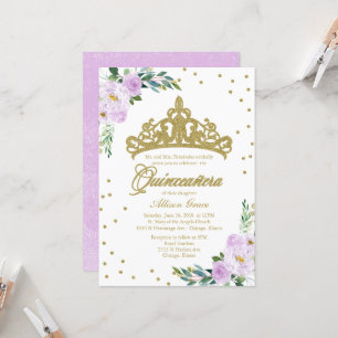 Quinceanera-uitnodiging Gouden Tiara Lila Bloemen