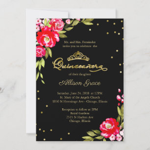 Quinceanera Uitnodiging Heet Roze Bloemen Op Zwart