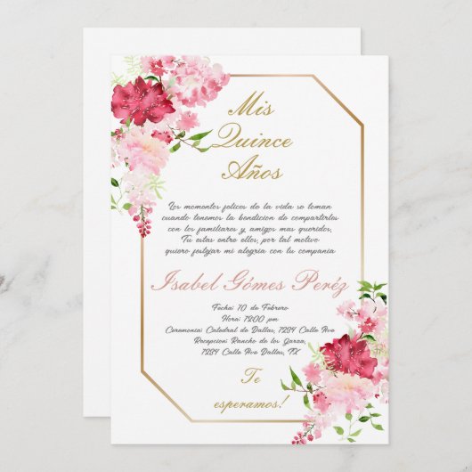Quinceanera uitnodiging in het Spaans (Voorkant / Achterkant)