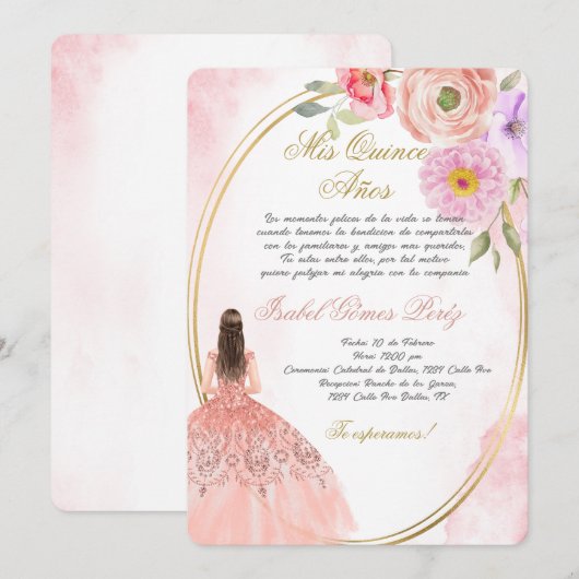 Quinceanera uitnodiging in het Spaans (Voorkant / Achterkant)