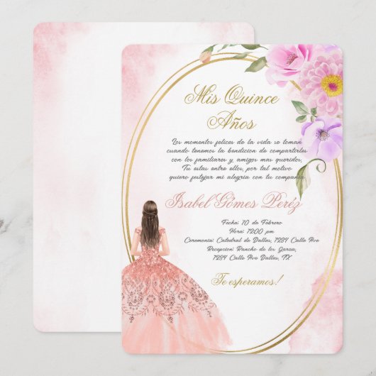 Quinceanera uitnodiging in het Spaans (Voorkant / Achterkant)