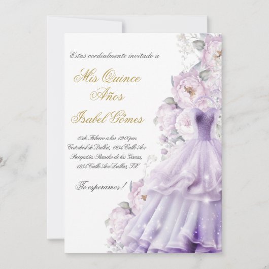 Quinceanera uitnodiging in het Spaans con vestido (Voorkant)