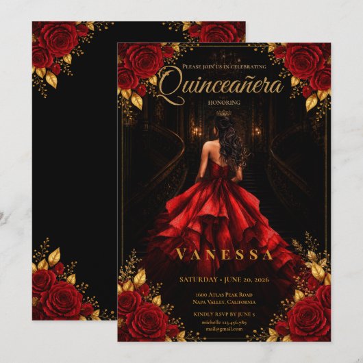 Quinceanera Uitnodiging lezen en goud (Voorkant / Achterkant)