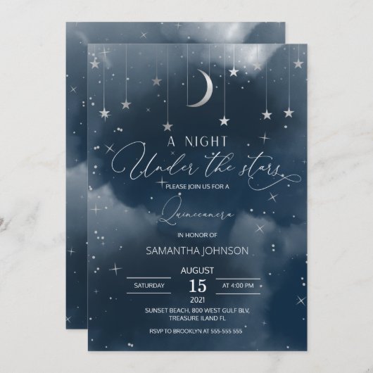 Quinceanera Uitnodiging, Maan en Sterren Quinceañe Kaart (Voorkant / Achterkant)