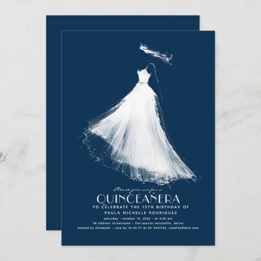 Quinceañera uitnodiging Marine Blauw Modern Etheri (Voorkant / Achterkant)