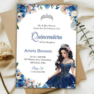Quinceañera uitnodiging met blauwe bloemaccenten