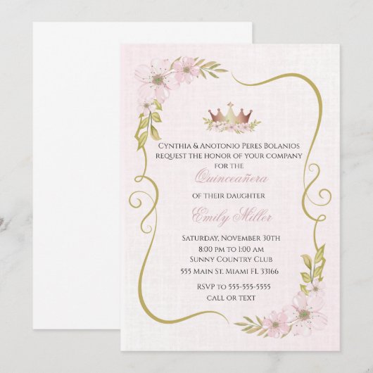 Quinceañera uitnodiging prinses blozend roze  (Voorkant / Achterkant)