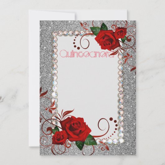 Quinceanera Uitnodiging Red Rose Glitter Foto CSTM (Voorkant)