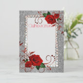 Quinceanera Uitnodiging Red Rose Glitter Foto CSTM (Staand voorkant)