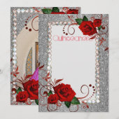 Quinceanera Uitnodiging Red Rose Glitter Foto CSTM (Voorkant / Achterkant)