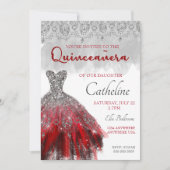 Quinceanera Uitnodiging rood zilver 15e verjaardag (Voorkant)