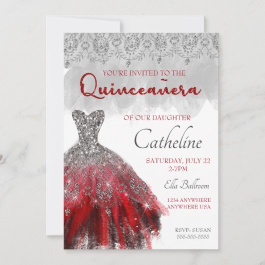 Quinceanera Uitnodiging rood zilver 15e verjaardag (Voorkant)