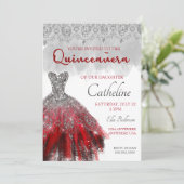 Quinceanera Uitnodiging rood zilver 15e verjaardag (Staand voorkant)