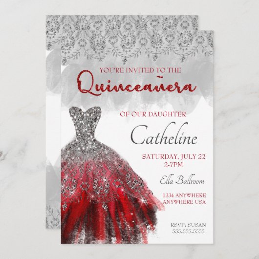 Quinceanera Uitnodiging rood zilver 15e verjaardag (Voorkant / Achterkant)