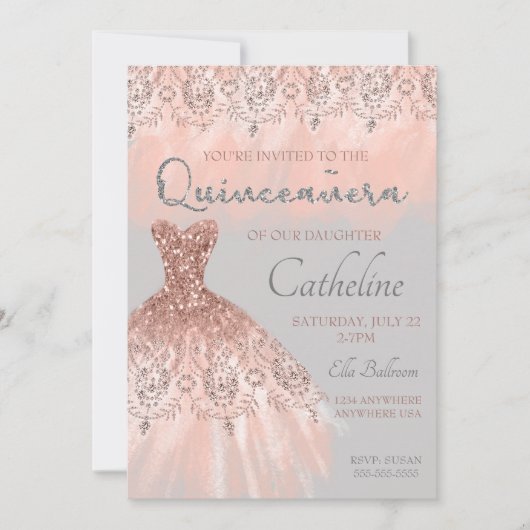 Quinceanera Uitnodiging roos goud, 15e verjaardag (Voorkant)