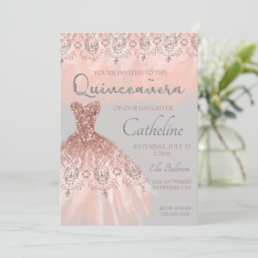 Quinceanera Uitnodiging roos goud, 15e verjaardag (Staand voorkant)